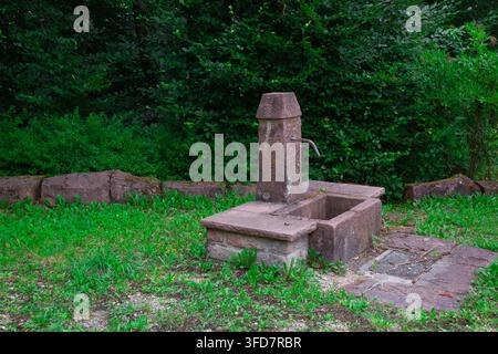 Dieses Außenfoto zeigt einen rustikalen Steinwasserbrunnen in einer friedlichen grünen Parkumgebung. Die klassische Struktur ist aus massivem Bro Stockfoto