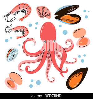 Niedliches flaches Illustrationsset mit rotem Oktopus, rosa Garnelen, schwarzen Muscheln und Muschelschalen, isoliert auf weißem Hintergrund für Speisekarten mit Meeresfrüchten Stock Vektor