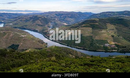Lamego Portugal, ein sich windender Fluss fließt durch üppige grüne Hügel. Sanfte Berge erstrecken sich in die Ferne unter einem weichen Himmel. Dichte Wälder bedecken steile Hänge Stockfoto