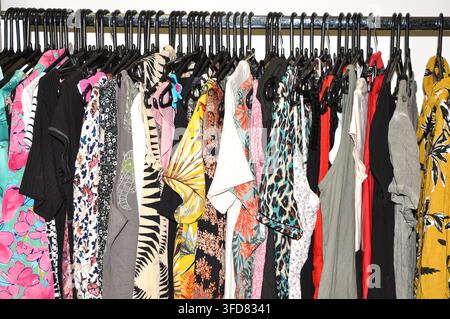 Verschiedene Secondhand-Oberteile und Kleider in verschiedenen Farben, Mustern und Stoffen ordentlich auf Bügeln in einem Secondhand-Laden arrangiert, die Nachhaltigkeit präsentieren Stockfoto