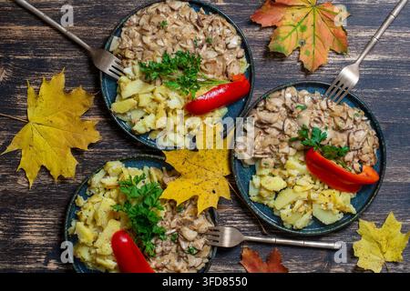 Geröstete Steinpilze und gebratene Kartoffeln auf dem Teller, Nahaufnahme, Draufsicht. Ukraine Stockfoto
