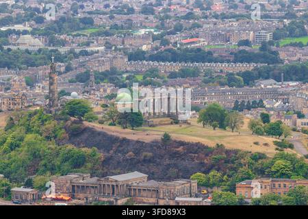 Panoramatische Stadtsilhouette von Edinburgh und Holyrood Park, gesehen vom Gipfel des Arthur's Seat, Schottland Stockfoto