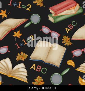 Nahtloses Aquarellmuster mit offenen Büchern, Gläsern, Lupen, Herbstblättern, Buchstaben und Zahlen. Schreibwaren. Traditionelles Symbol des fi Stockfoto