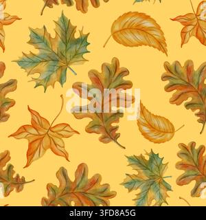 Nahtloses Aquarellmuster von Herbstblättern. Handgezeichneter Hintergrund mit bunten Ahorn- und Eichenlaub. Warme Herbsttextur, perfekt für Schuldekorateure Stockfoto
