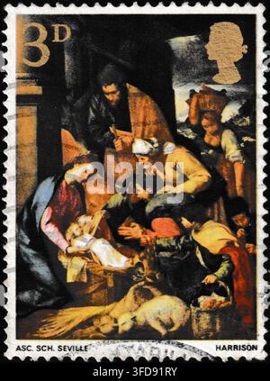 Weihnachtsbriefmarke der Royal Mail von 1967 mit der Darstellung der Anbetung der Hirten von Murillo Stockfoto