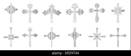 Christliches glänzendes Kreuz-Silber-Ikonen-Set. Gradient-Chrom-Solidsign-Kollektion, dekorative Platin-Religionssymbole, elegante glänzende verschiedene Cliparts Stock Vektor