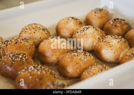 Frisch gebackene, handwerklich hergestellte Sauerteigbrötchen mit Weizensauerteig-Vorspeise, garniert mit Sesam, Mohn und alles, was gewürzt wird. Perfekt für Stockfoto