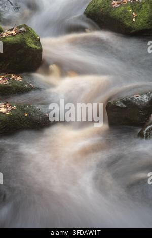 Atemberaubende, lebendige Herbstlandschaft von Padley Gorge im Peak District, England Stockfoto