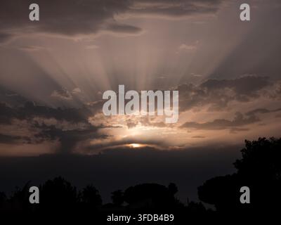 Sonnenstrahlen scheinen durch dunkle Wolken, während die Sonne hinter einer Baumreihe untergeht. Diese Szene fängt den Übergang vom Tag zur Nacht ein. Der Himmel zeigt eine Bandbreite Stockfoto