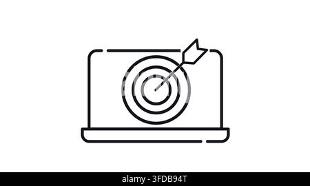 Laptop-Computer mit Bullauge-Ziel und Pfeilsymbol auf dem Bildschirm, Vektor-Icon. Schwarzer Linienstil auf weißem Hintergrund. Stock Vektor