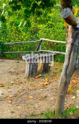 Eine rustikale Holzbank steht neben einem einfachen Zaun auf einer üppigen grünen Waldlichtung. Stockfoto