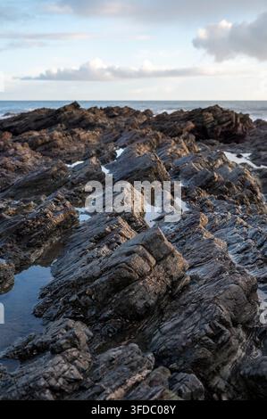 Gefaltete und geneigte Gesteinsschichten mit Felspfützen, die bei Ebbe am Strand von Downderry, Südost-Kornwall, England, am 25. Januar 2026 freigelegt sind Stockfoto