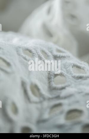 Weißer Baumwoll-Eyelet-Stoff mit Stickerei-Details und weicher Textur Stockfoto