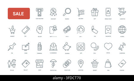 Einzelhandelsverkauf und E-Commerce-Shopping-Symbole, die Zahlung, Lieferung, Rabatte, Geschenke, mobilen Kauf und Ladenleistungen für kommerzielle Werbe-Black-Line-Icons abdecken, Vektorillustration Stock Vektor