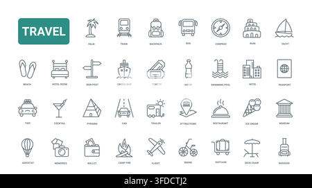 Reise- und Tourismus-Symbole mit Transport, Unterkünften, Freizeit, Sehenswürdigkeiten und Urlaubsessentials für Urlaubsplanung und Destinationsdienste, schwarze Linienicons-Set, Vektorillustration Stock Vektor