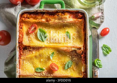 Leckere gebackene Lasagne mit goldener geschmolzener Käsehaube. Würzige ofenfrische Lasagne bedeckt mit geschmolzenem Käse. Stockfoto