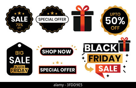 Black-Friday-Verkaufsetiketten-Vektorsammlung mit Rabattabzeichen, Sonderangebots-Tags, Geschenkboxen und „Jetzt kaufen“-Promotionalbannern Stock Vektor