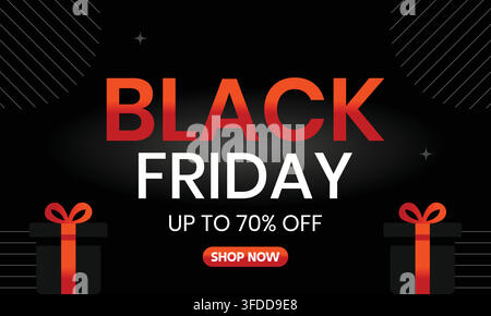 Black Friday Super Sale Banner Vektorvorlage mit Geschenkboxen und Rabatt-Schild Stock Vektor