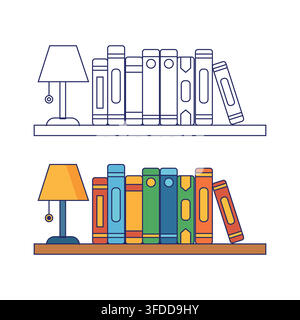 Bücherregal-Vektorillustration mit bunten Büchern, Tischlampe und Linienart-Design für Bibliotheks- und Studienkonzepte Stock Vektor