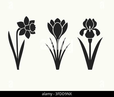 Minimalistische Sammlung von schwarzen Blumensilhouetten mit Narzisse, Krokus und Iris als Vektorillustration Stock Vektor