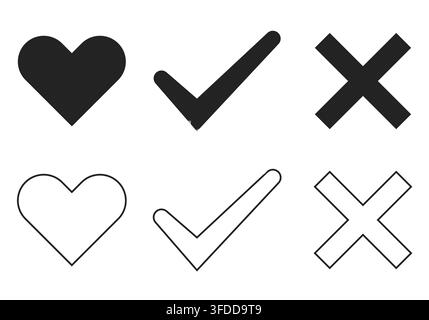 Minimalistischer Schwarz-Weiß-Symbolsatz mit Herz-, Häkchen- und Kreuzsymbolen in massiven und Umrissstilen Stock Vektor
