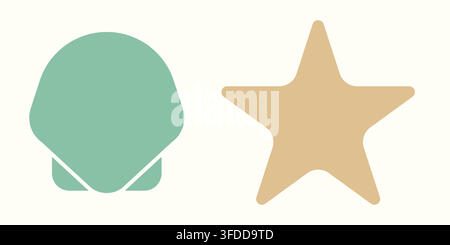 Minimalistische Meeresmuschel- und Seesterne-Flach-Vektor-Icons für Sommer-Strand-Thema, Meeresleben-Symbol, Ozeandekoration und nautisches Design Stock Vektor