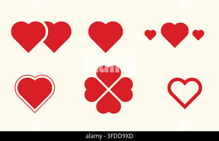 Set mit roten Herzformen und Kleeblatt-Symbolen für romantisches Valentinstagsdesign und Liebessymbol-Kollektion Stock Vektor