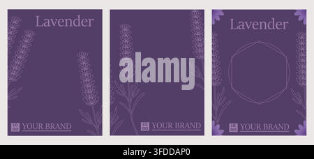 Elegantes Lavendel-Botanisches Linienkunst-Poster und Verpackungsvorlagen-Set Stock Vektor