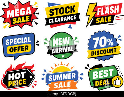 Mega-Rabatt- und Aktionsangebot-Badge-Sammlung mit farbenfrohen Bursts für Einzelhandelsmarketing-Flyer. Stock Vektor