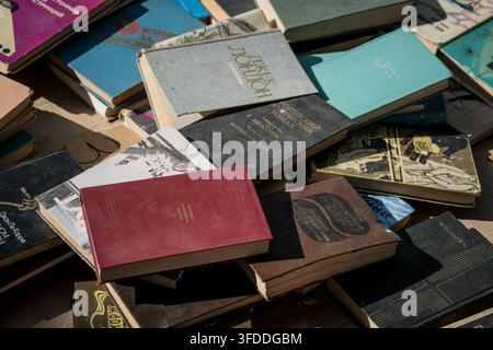Eine Nahaufnahme aus Vogelperspektive zeigt einen wirren Stapel alter Bücher mit abgenutzten Einbänden in verschiedenen Blautönen, Grau, Kastanienbraun und Braun. Lesbarer Titel Stockfoto
