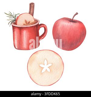 Satz von drei Objekten: eine rote Tasse mit einem Wintergetränk, ein ganz reifer Apfel, eine runde Apfelscheibe. Handgezeichnete Aquarellillustration, isoliert auf weißem Hintergrund Stockfoto