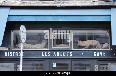 Paris, Frankreich - 08. Juni 2026: Fassade des Bistros Les Arlots mit ausgestopftem Leoparden und Fuchs in den Fenstern, die charakteristischen Designmerkmale hervorhebend Stockfoto