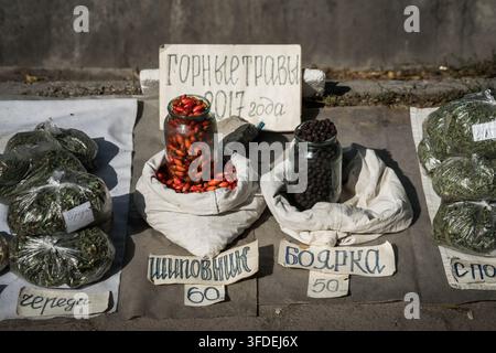 Osh, Kirgisistan - 18. September 2017: Eine Nahaufnahme eines Marktstandes mit verschiedenen getrockneten Heilkräutern und Beeren, insbesondere roter Rosenhi Stockfoto