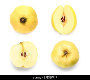 Gesunde Ernährung und Bio-Lebensmittel, frische gelbe Quittenfrüchte ganz und in Scheiben geschnitten mit Samen isoliert auf weißem Hintergrund für kulinarische Zutaten Stockfoto