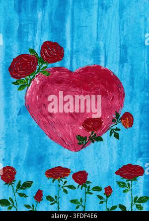Acrylgemälde eines großen rosa Herzens, umgeben von roten Rosen und grünen Blättern in einem farbenfrohen handgemalten Stil vor einem strukturierten blauen Hintergrund. Stockfoto