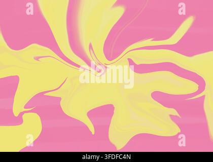 Ein kühner, handgemalter abstrakter Hintergrund mit fließenden rosa und gelben marmorierten Wirbeln, der einen dynamischen Liquid-Art-Effekt erzeugt. Stockfoto