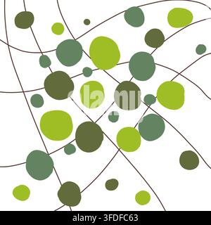 Eine moderne abstrakte Komposition aus handgezeichneten grünen Kreisen in unterschiedlichen Größen und Tönen, verbunden durch ein Netzwerk aus dünnen braunen Diagonalen. Stockfoto