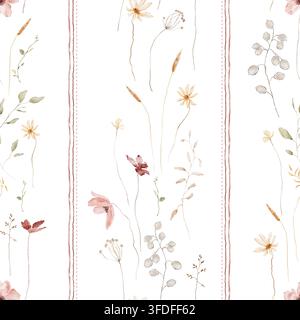 Aquarell-Botanical vertikal gestreiftes nahtloses Muster mit Gänseblümchen, Weizen, Lunaria-Kapseln und Wildblumen mit dekorativen gestrichelten Rändern auf Weiß Stockfoto