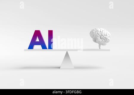 Künstliche Intelligenz mit einem menschlichen Gehirn auf einer Wippe ausbalancieren, was einen Vergleich der Fähigkeiten und des zukünftigen Potenzials symbolisiert Stockfoto