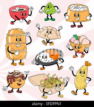 Japanisches Street-Food-Retro-Gummi-Schlauch-Cartoon-Charaktere-Set, das eine gehende Misosuppe, Wasabi, Gyoza, Ramen-Schüssel, Curryreis, Takoyaki, gebratenen N enthält Stock Vektor