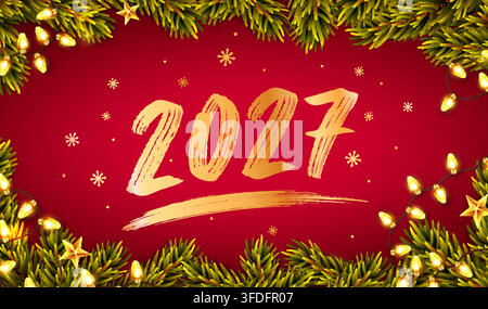 Neujahrsgrußkarte. Horizontales Banner mit goldenen Zahlen 2027, Weihnachtsbaumzweigen und leuchtenden Girlanden auf rotem Hintergrund. Vektor. Stock Vektor