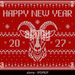 Neujahrsgrußkarte 2027. Gestrickter Pullover mit Design des Jahres der Ziege. Vektor-Festtagsbanner mit stilisiertem Ziegenkopf, Feiertagsdekoration Stock Vektor