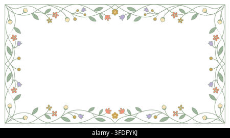 Elegante botanische Rahmenvektorillustration mit zarter Blumenbordüre mit vintage grünen Ranken und pastellfarbenen Wildblumen. Stock Vektor