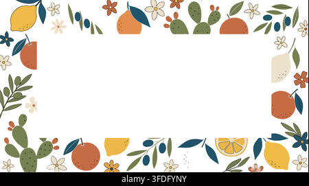 Mediterraner botanischer Rahmenborder Vektorillustration mit handgezeichneter Zitrone, Orange, Olive und Kaktus. Boho-chic Sommer-Einladung. Stock Vektor
