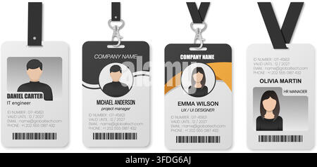 Professionelles Set von Designs für Firmenausweise mit Mitarbeiterprofilen, Barcodes und Firmenbranding. Enthält mehrere Layoutstile mit Ausweishalster Stock Vektor