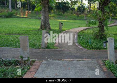 Gekrümmter Fußweg durch einen üppigen tropischen Garten mit grünem Rasen, ausgewachsenen Bäumen und Außenscheinwerfern. Gehen, Erholung, Landschaftsgestaltung und Stockfoto