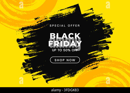 Schwarzer Freitag Verkaufs-Banner-Hintergrundvorlage mit Pinselstrich-Textur und gelbem abstraktem Wirbel für Sonderangebot-Promotion Stock Vektor
