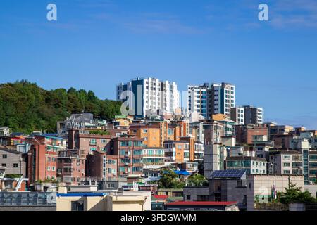 Ein dichtes städtisches Viertel mit Backsteinhäusern und modernen Apartmenttürmen erhebt sich zwischen grünen Bäumen unter einem großen blauen Himmel. Stockfoto