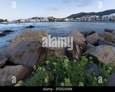 Große Küstenfelsen entlang der Mittelmeerküste in Llanca an der Costa Brava, Spanien Stockfoto