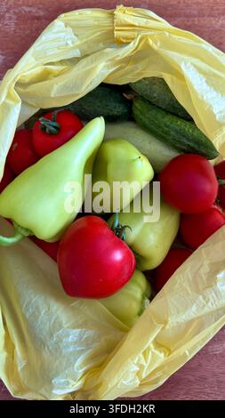 Frische Tomaten, Gurken und Paprikaschoten, die zusammen in einer wiederverwendbaren Einkaufstasche angeordnet sind, repräsentieren saisonale Produkte und gesunde Ernährung. Stockfoto